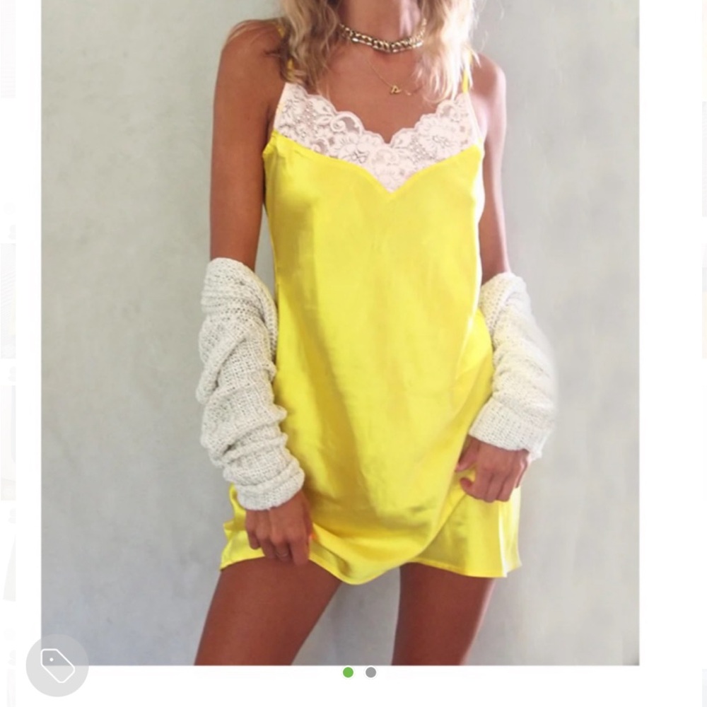 Yellow Satin Slip Dress with Lace Trim